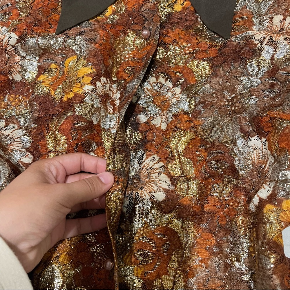 Vintage Floral Brown Women's Top with Ruffled Sleeves - Picture 2 of 6